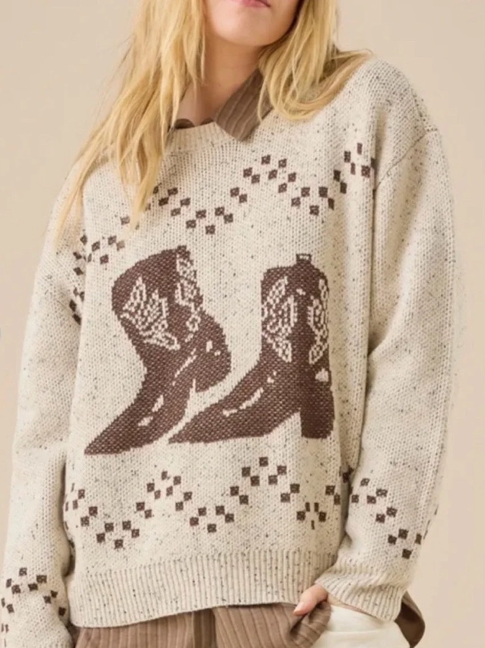 Altar'd State Cozy Cream and Brown Sweater with Boot Design - XS